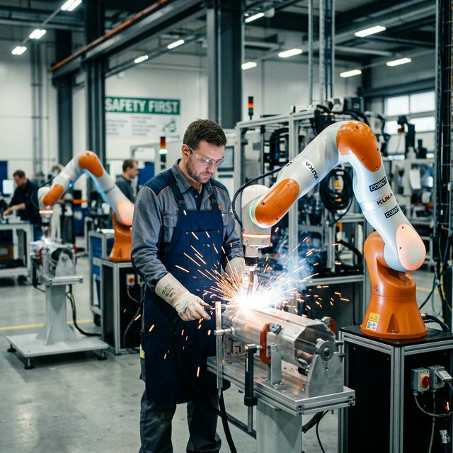 Robots colaborativos en planta industrial